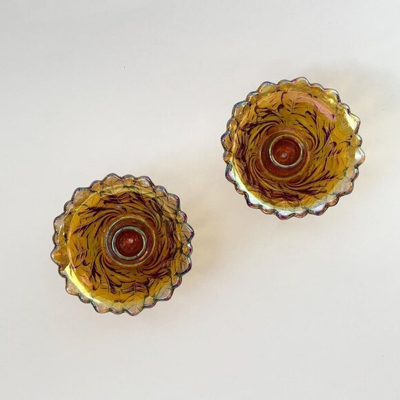 Pair of Indiana Glass Carnival Iridescent Glass Amber Vintage MCM Candle Holders - Picture 4 of 10